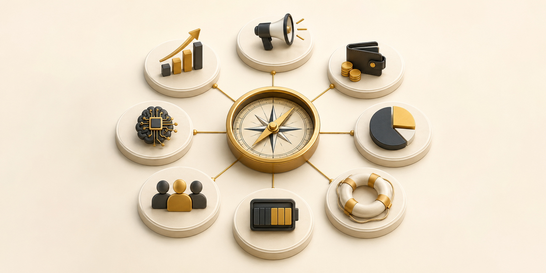 Eight business channels around a compass: sales, marketing, getting paid, finance, people, AI, personal effectiveness and resilience